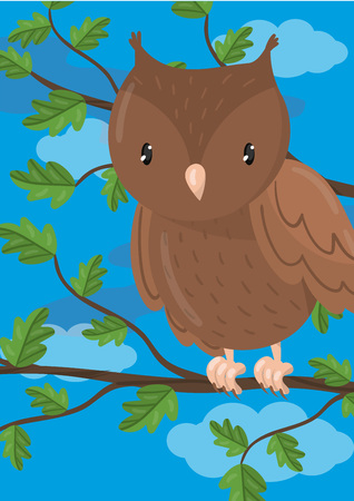 Cute owl vector illustration with woodland bird, design element for banner, flyer, placard, greeting card, in cartoon style.のイラスト素材