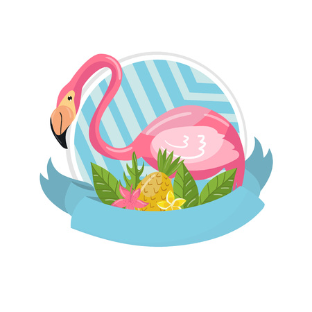 Summer time label, design element with palm leaves, flowers, pineapples and flamingo vector Illustration isolated on a white backgroundのイラスト素材