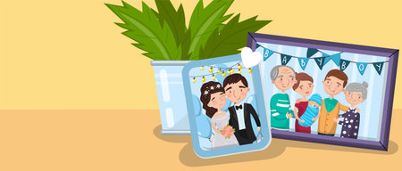 Family photos, best moments on pictures, portraits of family members vector Illustration concept for...