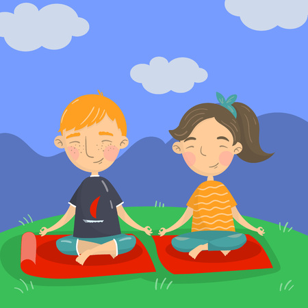 Cute boy and girl sitting on the floor in a lotus position and meditating, kids yoga vector illustration, cartoon style colorful design element for poster or banner.のイラスト素材