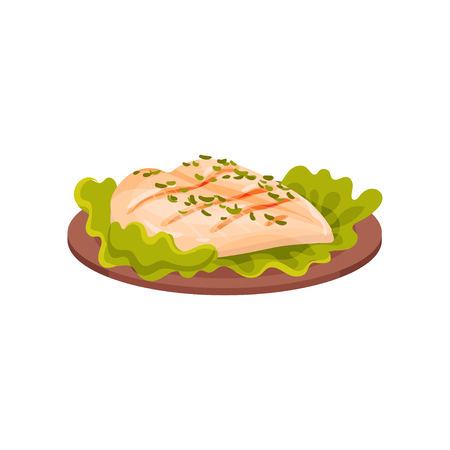 Grilled chicken meat served with lettuce leaves on a plate, tasty poultry dish vector Illustration isolated on a white background.のイラスト素材