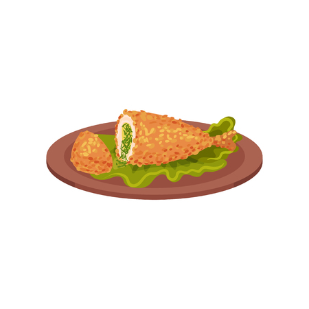 Breaded chicken meat served on a plate, tasty poultry dish vector Illustration isolated on a white background.のイラスト素材