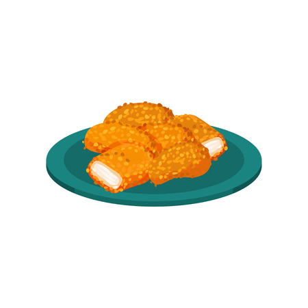 Breaded chicken nuggets served on a plate, tasty poultry dish vector Illustration isolated on a white background.のイラスト素材