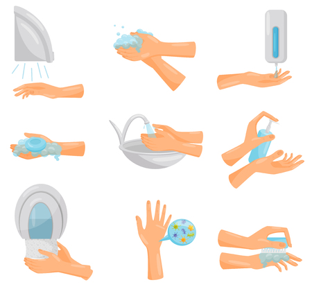Washing hands step by step set, hygiene, prevention of infectious diseases, health care and sanitation vector Illustration isolated on a white background.のイラスト素材