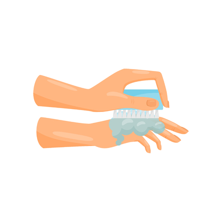 Washing hands with soap and brush, prevention of infectious diseases, health care and sanitation vector Illustration isolated on a white background.のイラスト素材