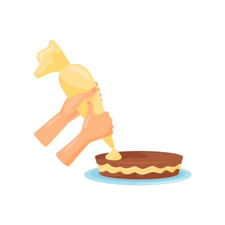 Hands decorating cake with cream, cooking process vector Illustration isolated on a white background.のイラスト素材