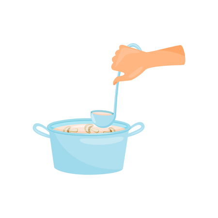 Hand with ladle cooking mushroom soup, cooking process vector Illustration isolated on a white background.のイラスト素材