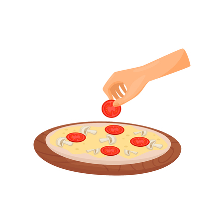 Hand cookong pizza with tomatoes and mushrooms vector Illustration isolated on a white background.のイラスト素材