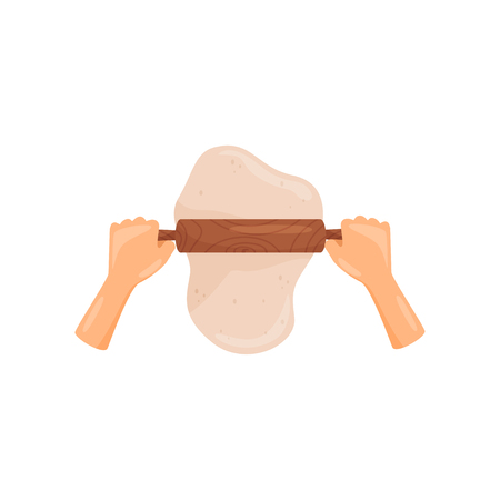 Hands rolling dough with a rolling pin, top view vector Illustration isolated on a white background.のイラスト素材