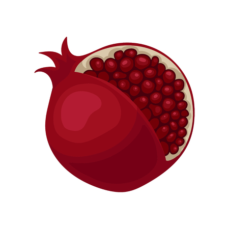 Colorful icon of ripe pomegranate with cut. Sweet full of juicy seeds. Natural and healthy food. Organic nutrition. Cartoon vector design. Illustration in flat style isolated on white background.のイラスト素材