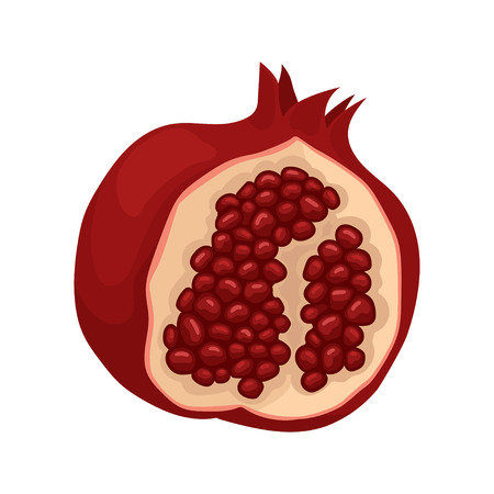 Colorful illustration of open pomegranate. Delicious garnet fruit full of vitamins. Natural and healthy food. Organic product. Graphic element for juice or yogurt packaging. Isolated flat vector icon.のイラスト素材