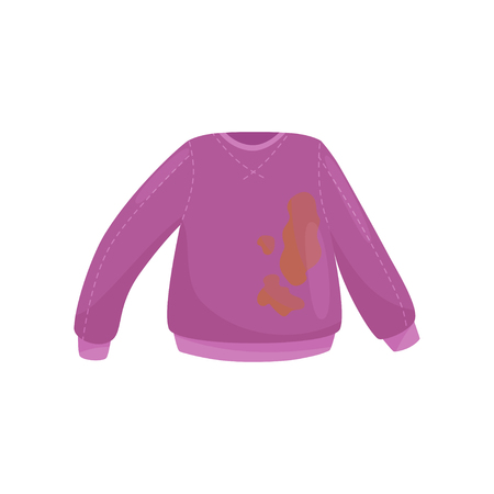 Illustration of purple woolen sweater with big brown coffee stains. Dirty clothes for washing. Casual apparel. Colorful icon in flat style isolated on white background. Cartoon vector design.のイラスト素材