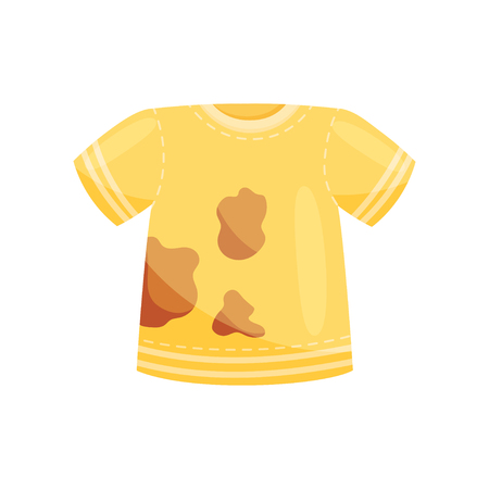 Cartoon icon of bright yellow t-shirt with brown spots. Clothes for washing. Dirty garment. Graphic element for packaging detergent. Colorful flat vector illustration isolated on white background.のイラスト素材