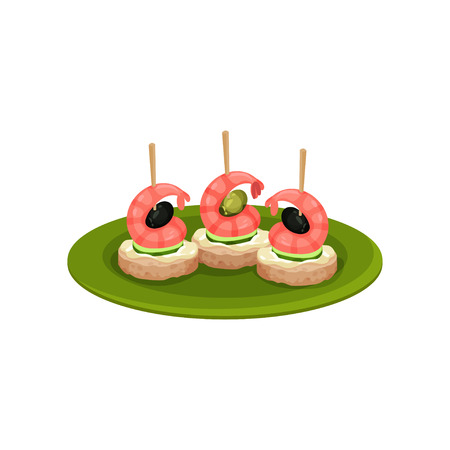 Canape with shrimps, black olives, slices of cucumber and bread. Appetizing snacks for banquet. Graphic element for cafe or restaurant menu. Colorful flat vector design isolated on white background.のイラスト素材