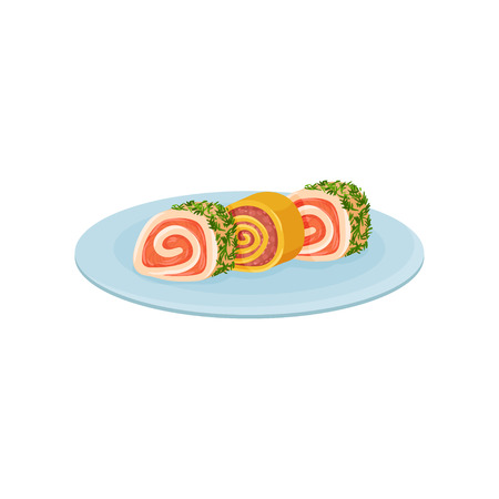 Tasty rolls with red filling and greens. Delicious snacks for holiday banquet. Appetizing food. Graphic element for cafe menu. Colorful vector illustration in flat style isolated on white background.のイラスト素材