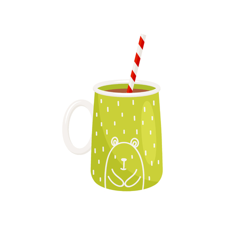 Tasty cocoa in cup with drinking straw. Delicious hot chocolate. Tasty drink. Green ceramic mug with bear print. Graphic element for postcard. Vector icon in flat style isolated on white background.のイラスト素材