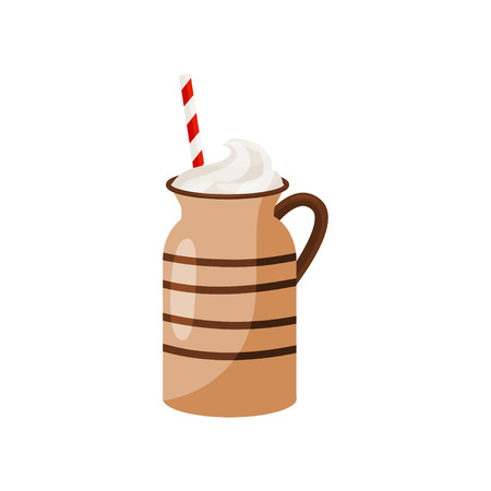 Brown ceramic mug of hot chocolate with drinking straw. Tasty holiday drink with whipped cream. Delicious beverage. Cartoon vector design. Colorful flat illustration isolated on white background.のイラスト素材
