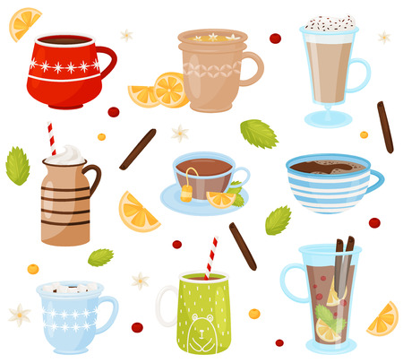 Set of mugs with tasty drinks. Delicious beverages. Coffee, hot chocolate, tea and mulled wine. Graphic elements for cafe menu. Colorful vector illustrations in flat style isolated on white backgroundのイラスト素材