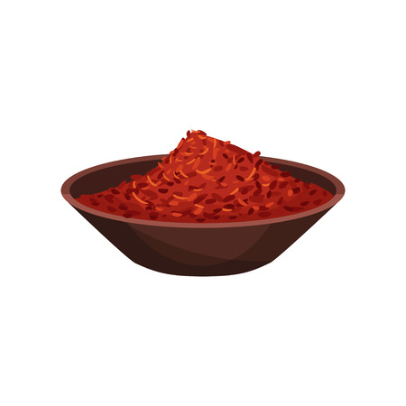 Dried saffron in brown ceramic bowl. Flavoring for dishes. Spicy condiment. Culinary theme. Graphic element for recipe book or promo poster. Colorful flat vector design isolated on white background.のイラスト素材