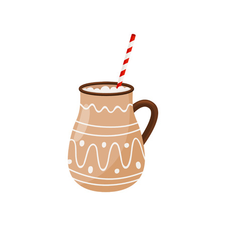 Hot chocolate in brown ceramic mug with drinking straw. Delicious Christmas beverage. Tasty drink. Graphic element for postcard. Colorful vector illustration in flat style isolated on white backgroundのイラスト素材