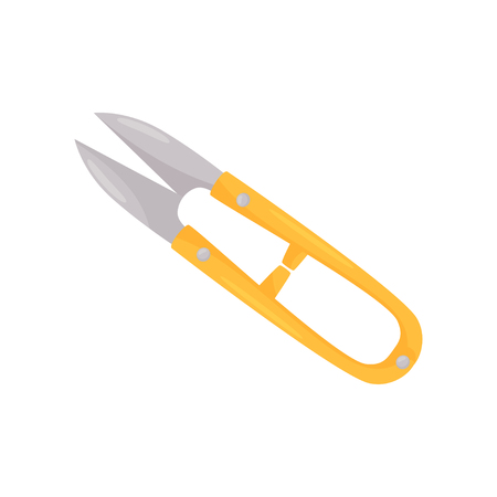 Icon of stainless steel thread clippers with bright yellow handle. Professional working instrument of tailor. Cartoon vector design. Colorful illustration in flat style isolated on white background.のイラスト素材