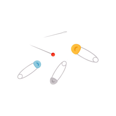 Set of different pins. Items used for sewing clothes. Dressmaking theme. Graphic element for advertising poster of workshop. Colorful vector illustration in flat style isolated on white background.のイラスト素材