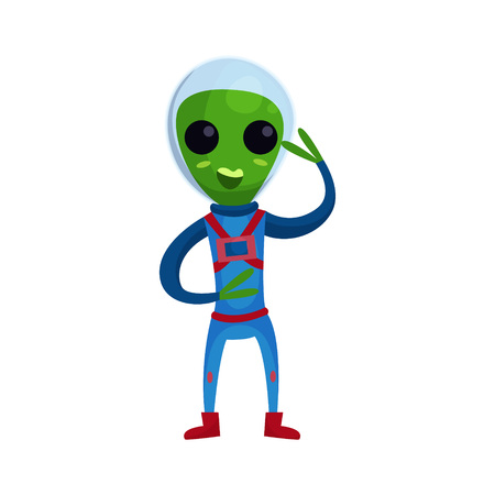 Friendly smiling green alien with big eyes wearing blue space suit waving his hand, alien positive character cartoon vector Illustration on a dark blue backgroundのイラスト素材