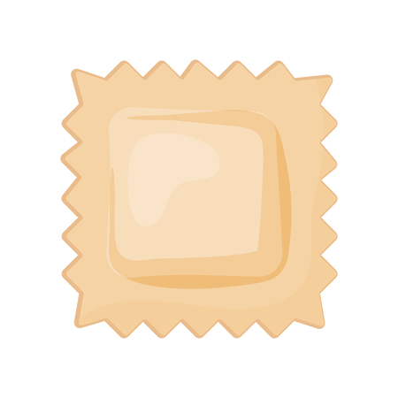 Cartoon icon of uncooked ravioli. Traditional food of Italian cuisine. Two layers of thin pasta dough with ground meat. Cooking theme. Colorful flat vector illustration isolated on white background.のイラスト素材