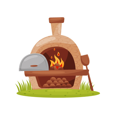Wood-fired outdoor oven on green lawn. Traditional stone furnace with burning firewood, wooden paddle. Farm theme. Cartoon vector design. Colorful flat illustration isolated on white background.のイラスト素材
