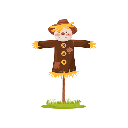 Funny scarecrow made of straw with smiling face, dressed in brown shirt and hat. Human figure for scare birds from field. Flat illustration isolated on white background. Cartoon vector design.のイラスト素材