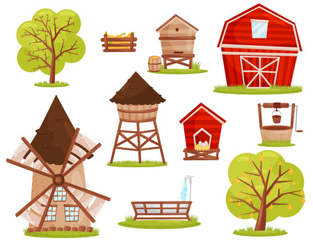 Set of farm icons. Different buildings, constructions and fruit trees. Elements for mobile game or children book. Cartoon vector design. Colorful flat illustrations isolated on white background.のイラスト素材