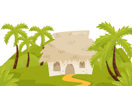 Small stone house in wild jungles. Natural landscape with palm trees, green grass and bungalow. Cartoon summer scenery. Colorful flat vector illustration for advertising poster or children story book.のイラスト素材