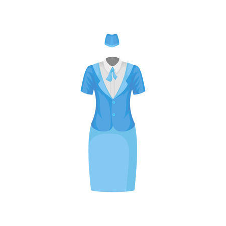 Female air hostess suit. White blouse, blue jacket, hat and skirt. Classic uniform of stewardess. Working uniform of flight attendant. Workwear theme. Flat vector design isolated on white background.のイラスト素材