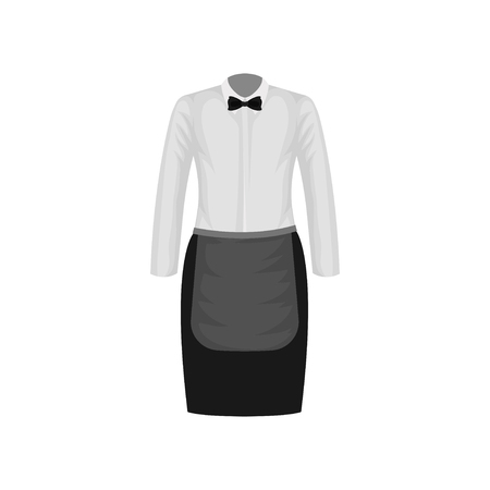 Waitress uniform. White shirt with bow-tie and black skirt with apron. Female clothes of restaurant worker. Garment of catering staff. Colorful flat vector illustration isolated on white background.のイラスト素材