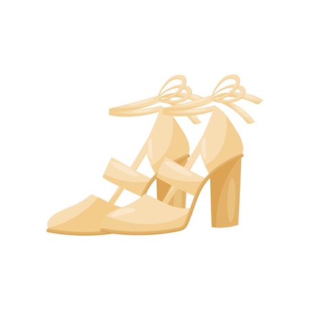 Illustration of fashionable women sandals on high heels, side view. Light female shoes with ribbons. Trendy footwear. Colorful icon in flat style isolated on white background. Cartoon vector design.のイラスト素材