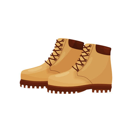 Trendy beige boots with laces, side view. Short warm shoes for cold season. Winter footwear. Flat vector iconのイラスト素材
