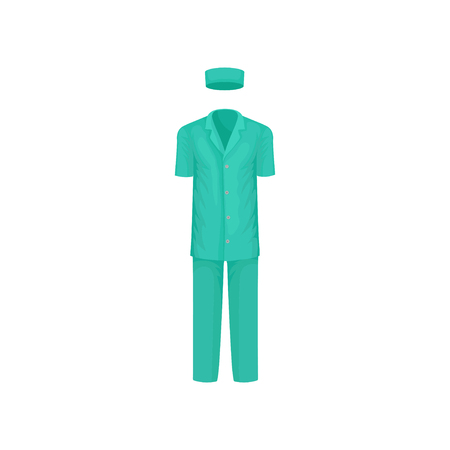Male surgical suit. Classic clothes of medical worker. Teal short-sleeved shirt, pants and hat. Garment of hospital staff. Colorful vector illustration in flat style isolated on white background.のイラスト素材