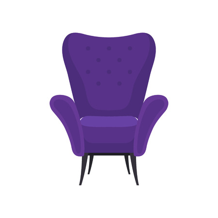 Icon of cozy armchair with soft bright purple upholstery, front view. Comfortable chair for living room. Modern furniture. Colorful vector illustration in flat style isolated on white background.のイラスト素材
