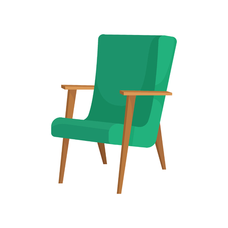 Old wooden armchair with green upholstery. Cushioned furniture for living room. Sort chair. Element of home interior. Colorful vector icon. Illustration in flat style isolated on white background.のイラスト素材