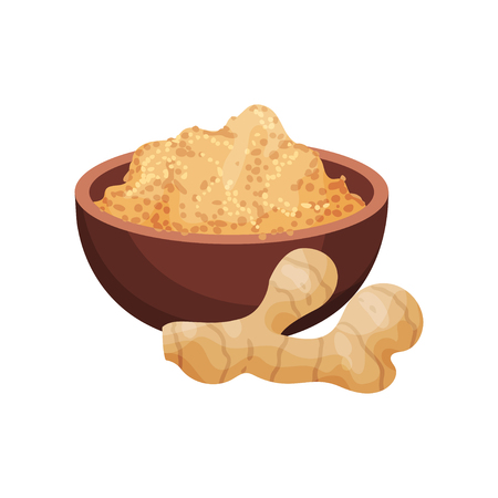 Whole ginger root and powder in wooden bowl. Aromatic condiment for food and drinks. Natural product. Graphic element for recipe book. Detailed flat vector illustration isolated on white background.のイラスト素材