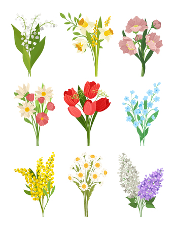 Set of 9 cute spring bouquets. Beautiful flowers. Nature and flora theme. Graphic design for greeting card or botanical book. Detailed vector illustration in flat style isolated on white background.のイラスト素材