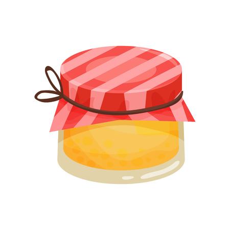 Sweet honey in small glass jar with red fabric cover. Natural homemade product. Organic and healthy food. Cartoon vector design. Colorful illustration in flat style isolated on white background.のイラスト素材