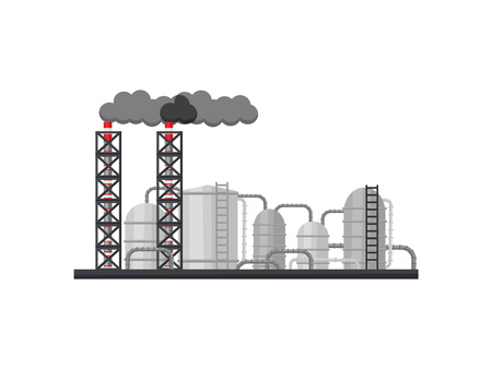 Illustration of large metallurgical plant. Manufacturing factory with long smoking chimneys, metal cisterns and pipes. Heavy industry theme. Colorful flat vector design isolated on white background.のイラスト素材