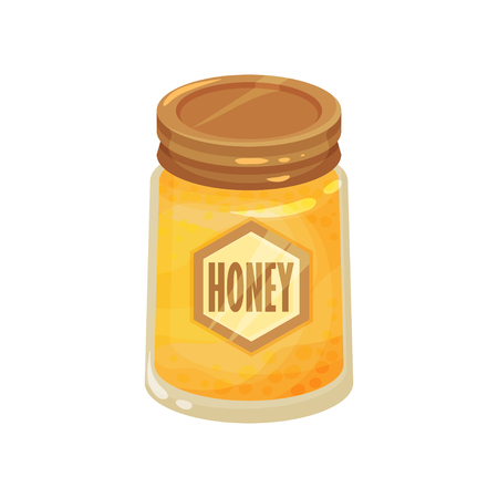 Transparent glass jar of sweet fresh honey. Container with brown lid and label. Natural and healthy product from apiary farm. Sweet food. Colorful flat vector illustration isolated on white backgroundのイラスト素材