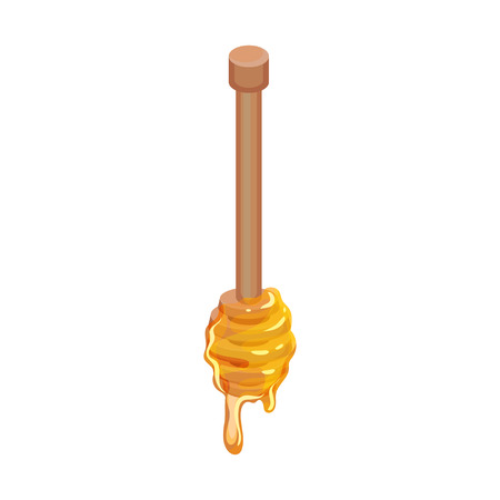 Illustration of wooden dipper with fresh flowing honey. Natural and healthy product from apiary farm. Sweet food. Graphic element for promo poster. Colorful flat vector isolated on white background.のイラスト素材