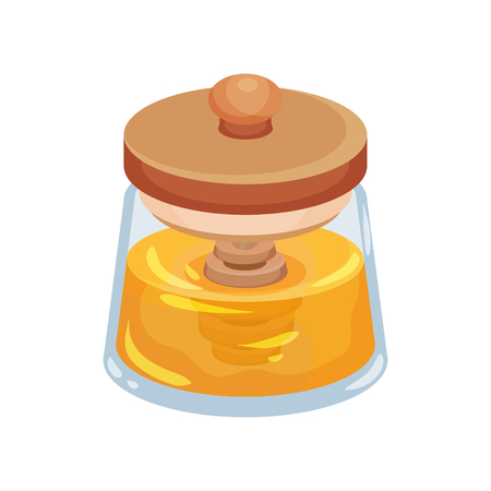 Fresh honey in small glass jar with wooden lid and dipper. Organic and healthy food. Natural homemade product. Cartoon vector design. Colorful illustration in flat style isolated on white background.のイラスト素材