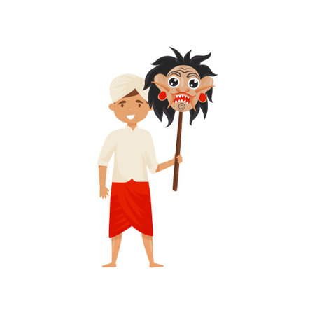 Young Balinese man holding mask of Rangda on wooden stick. Smiling guy dressed in traditional clothes. Cartoon male character. Colorful vector illustration in flat style isolated on white background.のイラスト素材