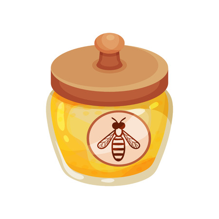 Small glass jar of fresh honey with wooden lid and label with bee print. Organic and healthy product. Sweet food. Cartoon vector design. Colorful flat illustration isolated on white background.のイラスト素材