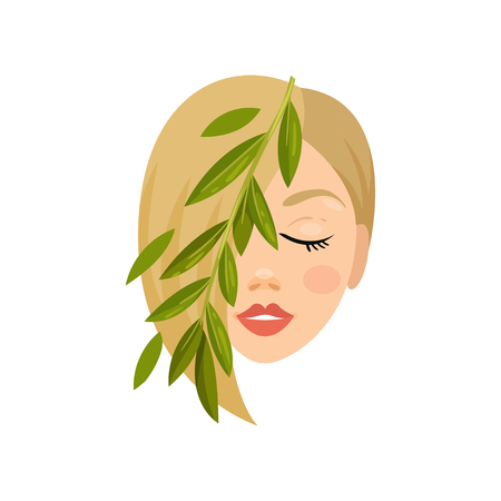 Woman face and green leaves. Natural cosmetic. Health and beauty theme. Graphic element for advertising poster or banner. Colorful vector illustration in flat style isolated on white background.のイラスト素材