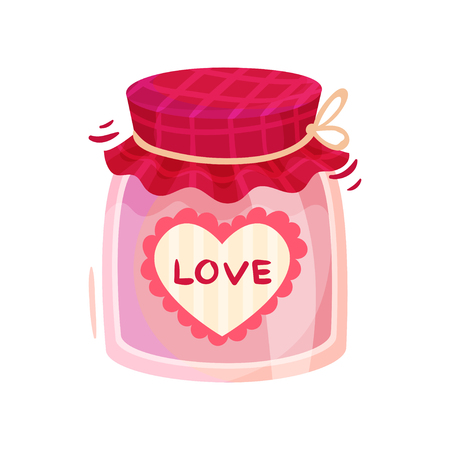 Pink love jar with textile cover and heart-shaped label. Valentines day theme. Decorative graphic element for greeting card. Colorful vector illustration in flat style isolated on white background.のイラスト素材